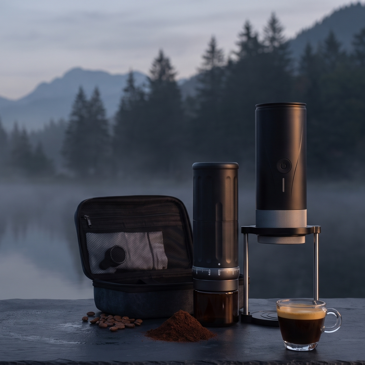 Espressyo Pro Bundle with the machine, electric grinder and travel essentials